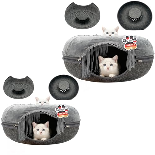 Fellisimo® Katzenhöhle mit Flauschigen Kuschelbett | Anti-Slip Unterfläche | Atmungsaktiv | Katzentunnel aus Filz mit waschbaren Kissen Bezug | Katzen-Donut Tunnel Katzenbett (2X Grau, Normal) von Fellisimo