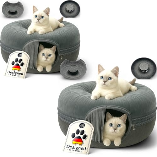 Fellisimo® Katzenhöhle mit Flauschigen Kuschelbett | Anti-Slip Unterfläche | Atmungsaktiv | Katzentunnel aus Filz mit waschbaren Kissen Bezug | Katzen-Donut Tunnel Katzenbett (2X Grau, Normal) von Fellisimo