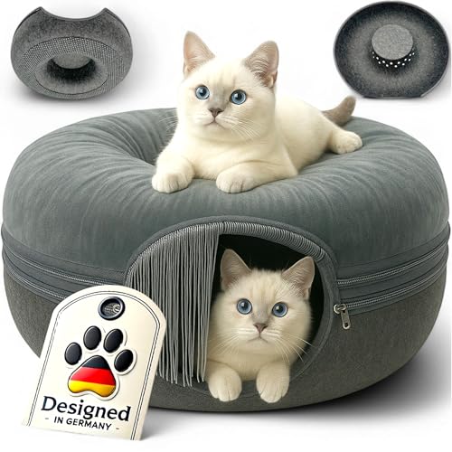 Fellisimo® Katzen Donut mit Flauschigen Kuschelbett | Anti-Slip Unterfläche | Atmungsaktiv | Katzentunnel aus Filz mit waschbaren Kissen Bezug | Katzenhöhle von Fellisimo