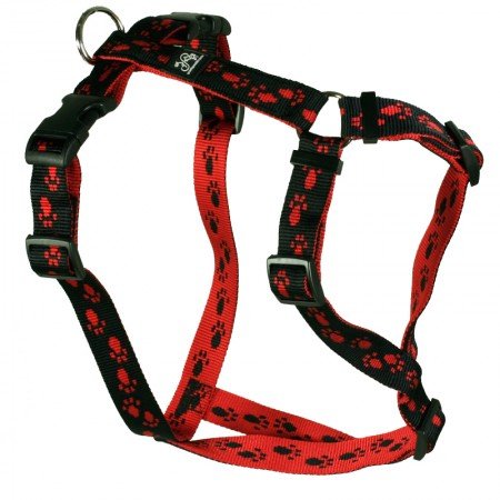 Feltmann Brustgeschirr Soft Nylonband, Schwarz, Rote Pfötchen, 70-90cm, 25mm von Feltmann