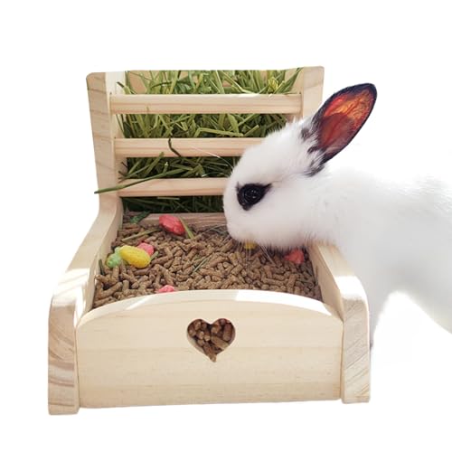 2 in 1 Heuraufe Kaninchen Holz Futterspender Heu Kaninchen Futterbox für Gras und Futter, Futtertrog Für Kaninchen Hasen Meerschweinchen Nager 25x17x20cm von Fenkchdn