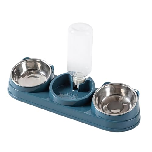 Fenteer Dreifacher Katzen, Futterautomat mit Wasserspender, 15° geneigter für Nass- und Trockenfutter, Katzenfutter- und Wasser-Set für kleine, Dunkelblau von Fenteer