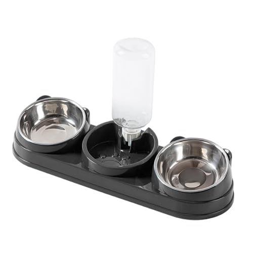 Fenteer Dreifacher Katzen, Futterautomat mit Wasserspender, 15° geneigter für Nass- und Trockenfutter, Katzenfutter- und Wasser-Set für kleine, Dunkelgrau von Fenteer