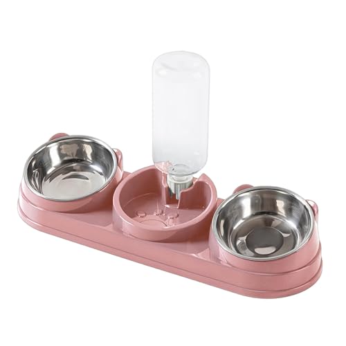 Fenteer Dreifacher Katzen, Futterautomat mit Wasserspender, 15° geneigter für Nass- und Trockenfutter, Katzenfutter- und Wasser-Set für kleine, Rosa von Fenteer