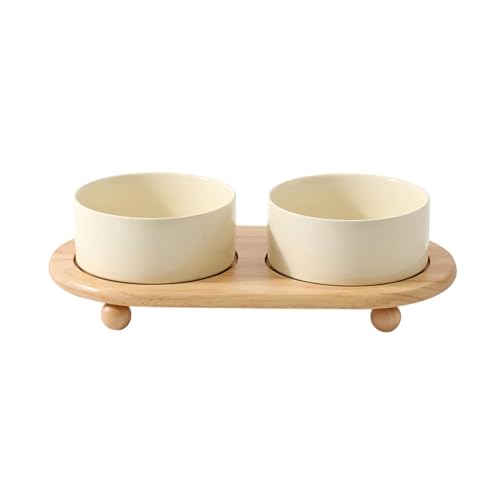 Fenteer Fressnapf-Set, Schüsseln mit Holzständer, erhöhte Katzennäpfe, Keramik-Katzen und kleine Hundenäpfe für Wasser, Welpen, Geschenk, ältere Katzen, Beige von Fenteer