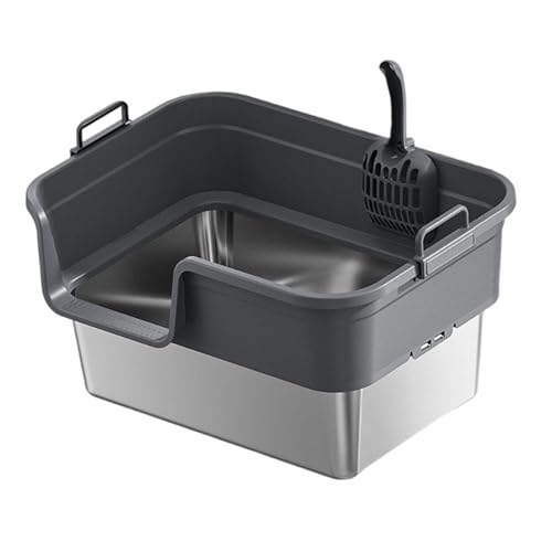 Fenteer Große Katzentoilette, Katzentöpfchen für Hauskatzen und Kätzchen, Spritzschutz mit Schaufel, hohe Seiten, erhöhtes, stabiles Katzenklo, Dunkelgrau von Fenteer