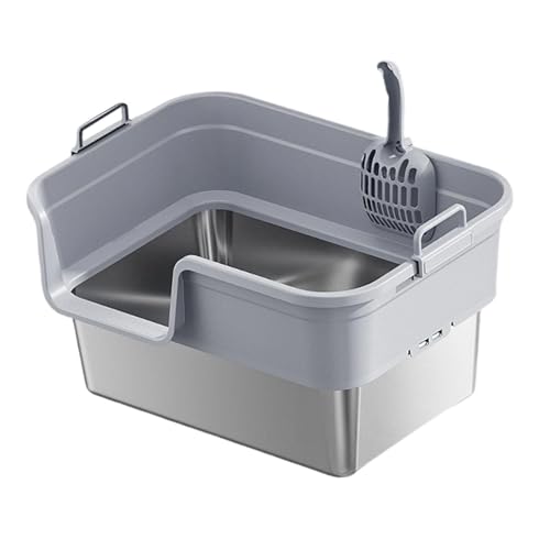 Fenteer Große Katzentoilette, Katzentöpfchen für Hauskatzen und Kätzchen, Spritzschutz mit Schaufel, hohe Seiten, erhöhtes, stabiles Katzenklo, Hellgrau von Fenteer