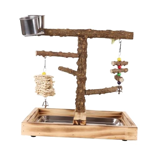 Holz-Papageienstange, Vogelkäfig-Zubehör, Plattform mit Spielzeug, abnehmbarem Tablett und 2 Edelstahlbechern für -Kanarienvögel von Fenteer