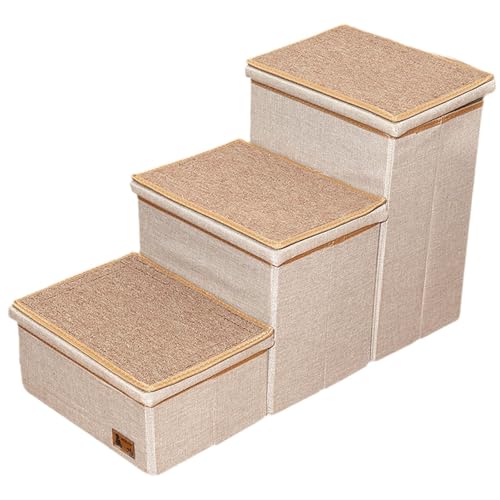 Fenteer Hundetreppe mit 3 Ebenen und Staufächern, Haustierleiter, belastbar bis 60 kg, leicht, Kratzfest, multifunktional, abnehmbar, Beige von Fenteer