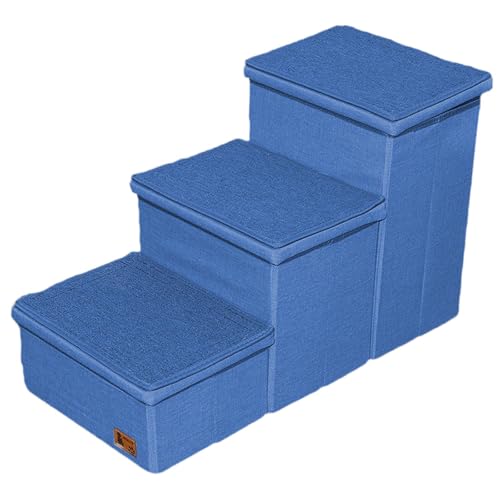 Fenteer Hundetreppe mit 3 Ebenen und Staufächern, Haustierleiter, belastbar bis 60 kg, leicht, Kratzfest, multifunktional, abnehmbar, Navy Blau von Fenteer