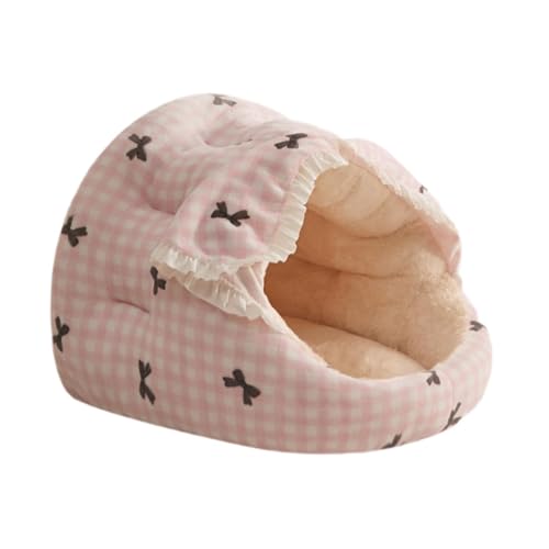 Fenteer Katzenbetthöhle mit Kapuze, Plüschhöhle mit Türvorhang, Katzenhöhle, rundes Haustierbett, abgedecktes Katzenbett für Hamster, Igel, Hase, Rosa von Fenteer