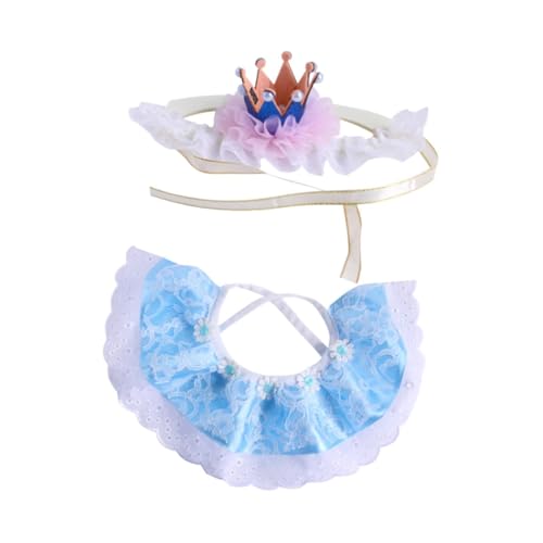 Fenteer Katzenkronenhut, Spitzenschal-Set, Kleid-Outfit, Halstuch, Partyhut, süße Haustier-Kopfbedeckung, Katzenprinzessin-Kostüme für Hochzeit, Blau von Fenteer