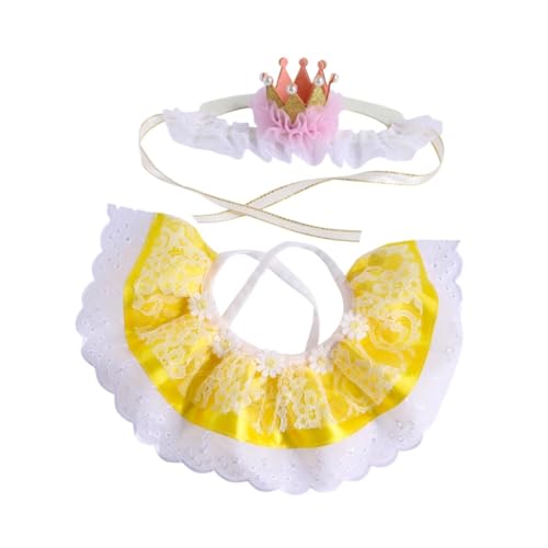 Fenteer Katzenkronenhut, Spitzenschal-Set, Kleid-Outfit, Halstuch, Partyhut, süße Haustier-Kopfbedeckung, Katzenprinzessin-Kostüme für Hochzeit, Gelb von Fenteer