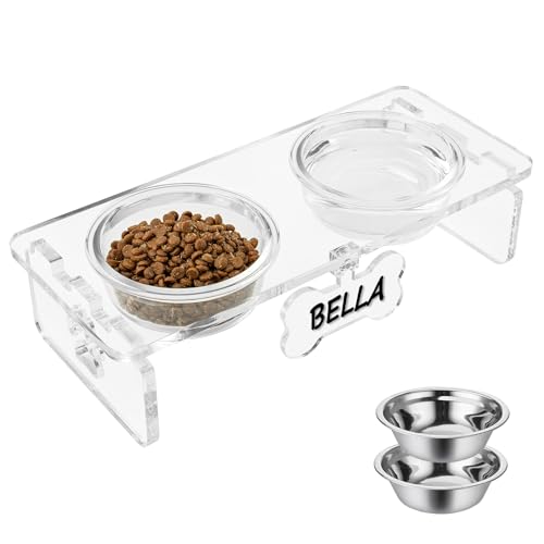 Erhöhter Futternapf aus Acryl mit 2 dicken 12,7 cm großen Glas- und 2 Edelstahlnäpfen – erhöhtes Geschirr-Set für Katzen, Welpen, kleine Hunde, 9,5 cm Höhe, Hundefutternäpfe mit personalisierbarem Erhöhter Futternapf aus Acryl mit 2 dicken 12,7 cm großen Glas- und 2 Edelstahlnäpfen – erhöhtes Geschirr-Set für Katzen, Welpen, kleine Hunde, 9,5 cm Höhe, Hundefutternäpfe mit personalisierbarem von Feoyoho