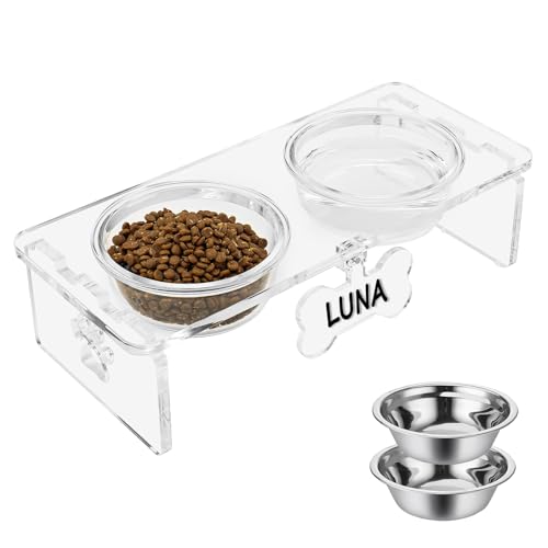 Transparenter erhöhter Futternapf aus Acryl mit beschreibbaren Namensschildern – 5 x 53 ml dickes Glas und 2 x Edelstahlnäpfe, 11,4 cm Höhe, erhöhter Futternapf, Futter- und Wassernapf-Set für Katzen von Feoyoho