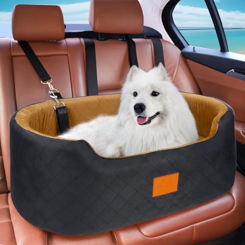 Hunde Autositz für große, mittelgroße oder 2 kleine Hunde, Sicherer Hundeautositz mit 2 Gurten & Rutschfester Basis – Waschbarer Hundesitz Auto für Rücksitz bis 25kg von Feporen
