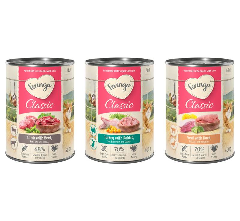 20 + 4 gratis! 24 x 400 g Feringa Classic Meat Menü Mixpaket 2: Kaninchen & Truthahn, Ente & Kalb, Lamm & Rind von Feringa