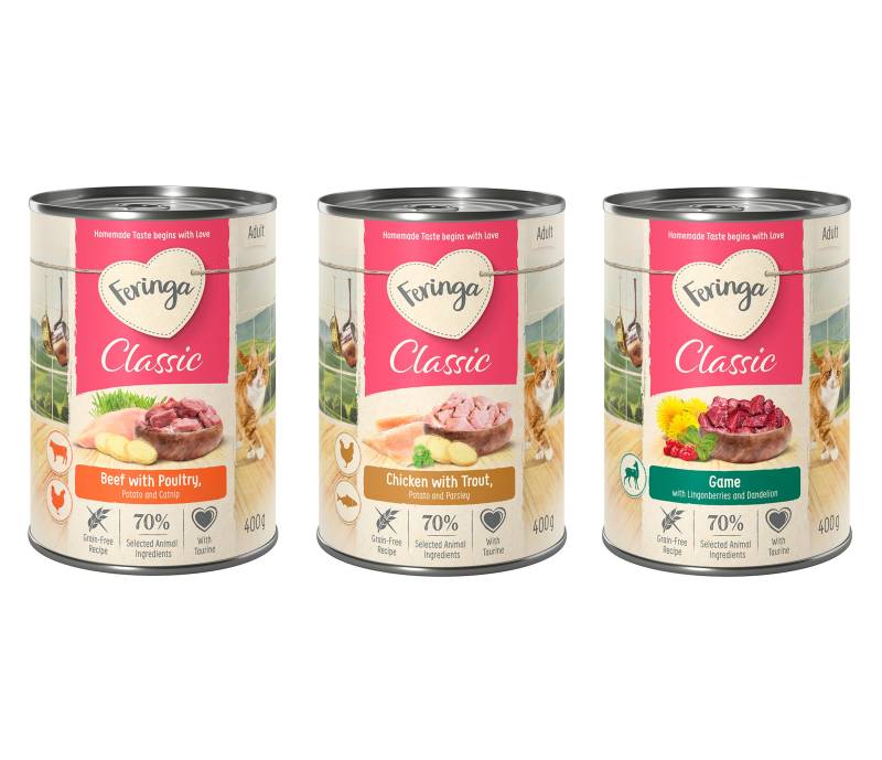 20 + 4 gratis! 24 x 400 g Feringa Classic Meat Menü Mixpaket 3: Wild, Rind & Geflügel, Huhn & Forelle von Feringa