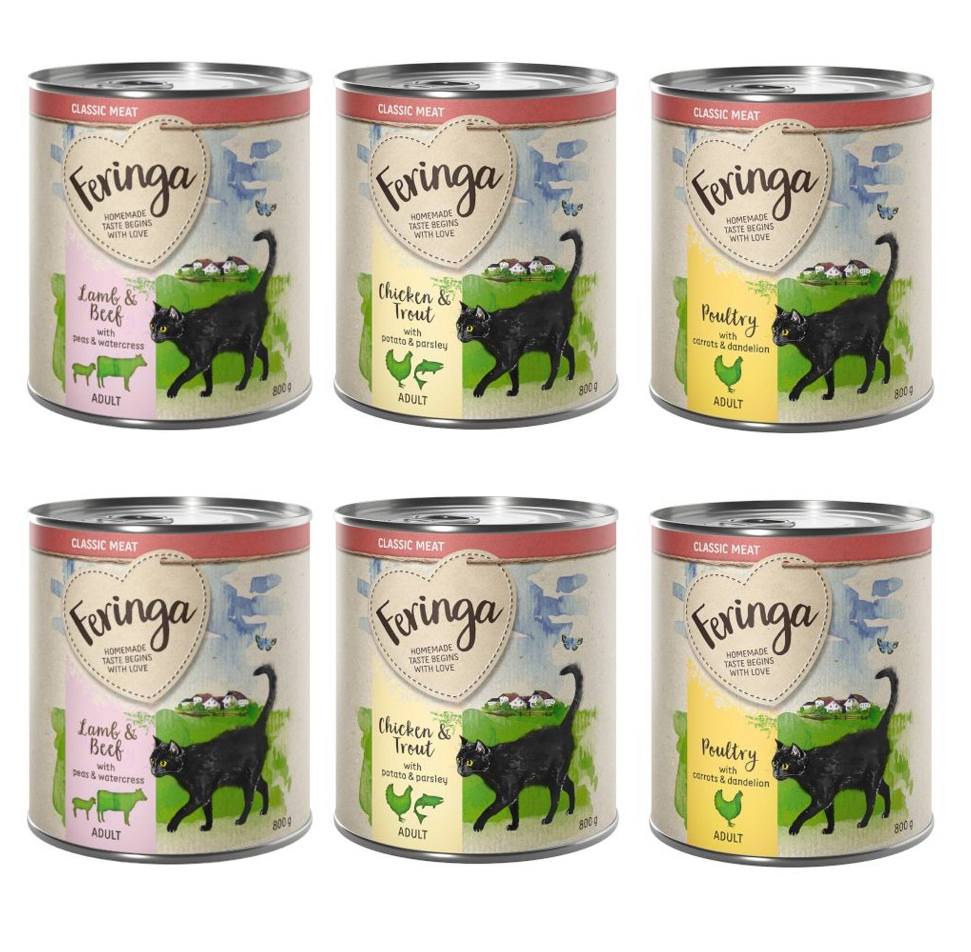 20 + 4 gratis! Feringa Classic Meat Menü 24 x 800 g - Mixpaket 2 (Geflügel, Lamm & Kaninchen, Huhn & Forelle) von Feringa