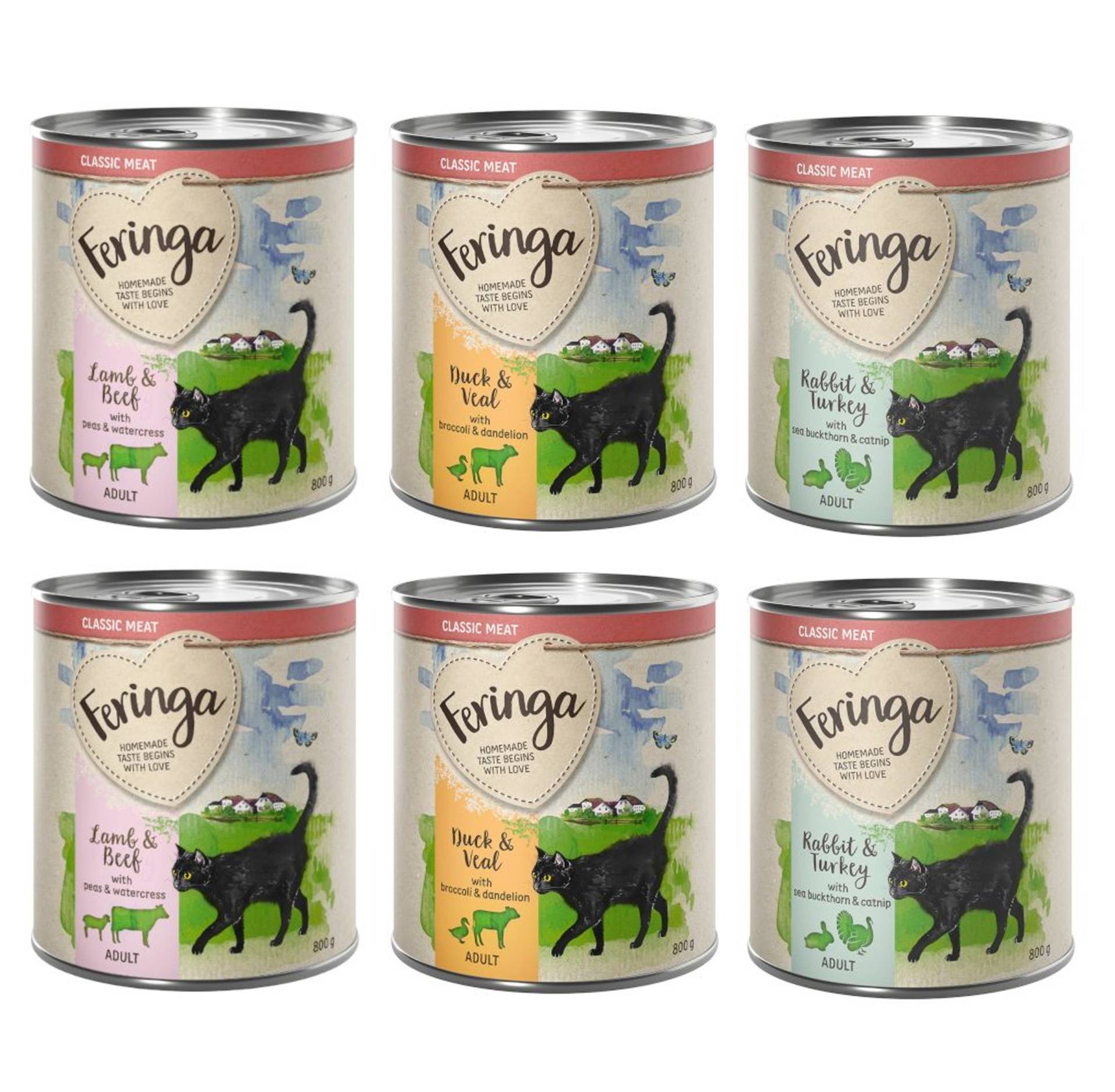 20 + 4 gratis! Feringa Classic Meat Menü 24 x 800 g - Mixpaket 3 (Kaninchen & Pute, Lamm & Rind, Ente & Kalb) von Feringa
