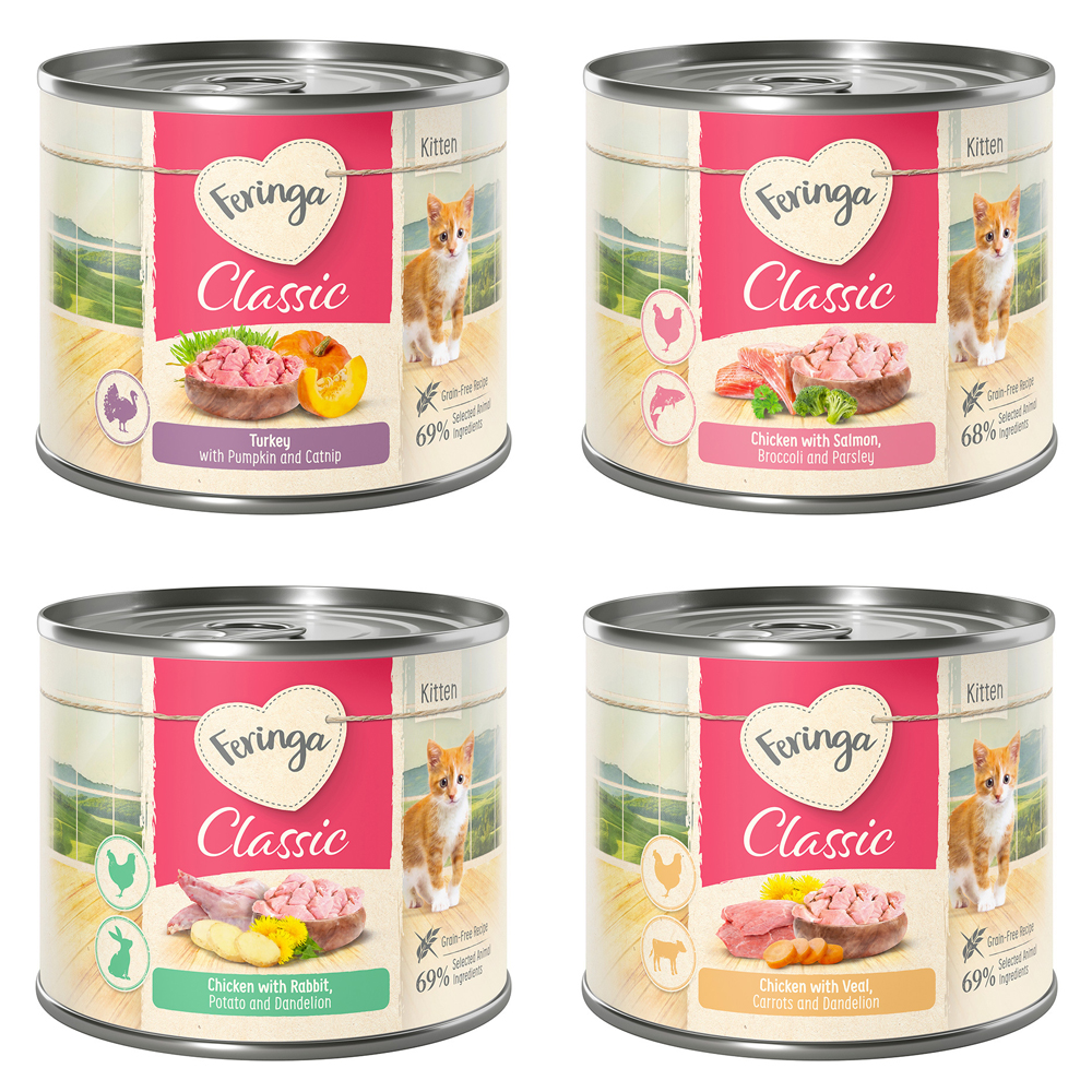Feringa Classic Meat Menü Kitten 6 x 200 g - Mixpaket (2x Huhn, 1x Pute, 2x Kaninchen, 1x Lachs) von Feringa