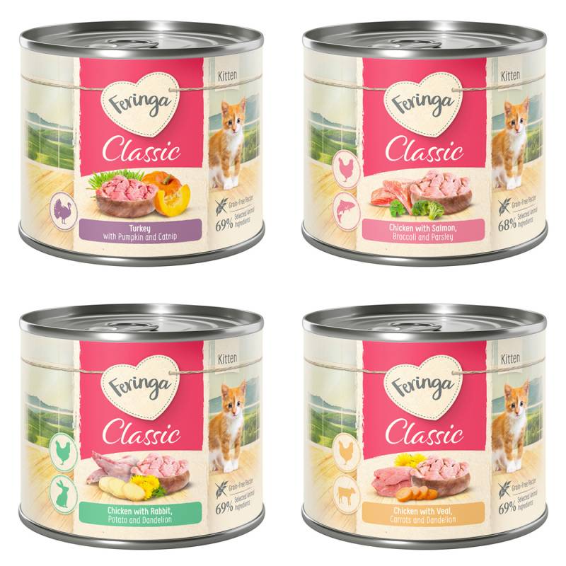 Feringa Classic Meat Menü Kitten 6 x 200 g - Mixpaket (2x Huhn, 1x Pute, 2x Kaninchen, 1x Lachs) von Feringa