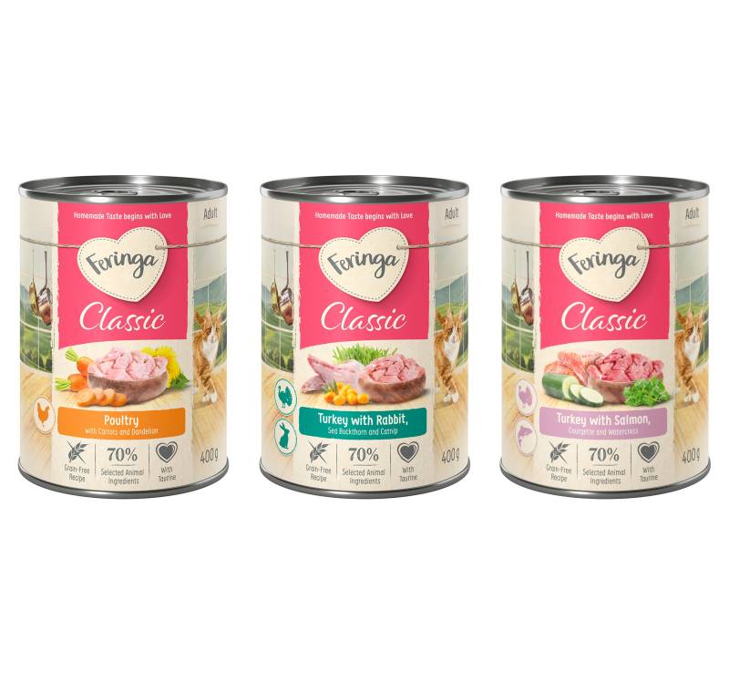 Probiermix Feringa Classic Meat 6 x 400 g Mixpaket 1 (Kaninchen & Truthahn, Geflügel, Lachs & Truthahn) von Feringa