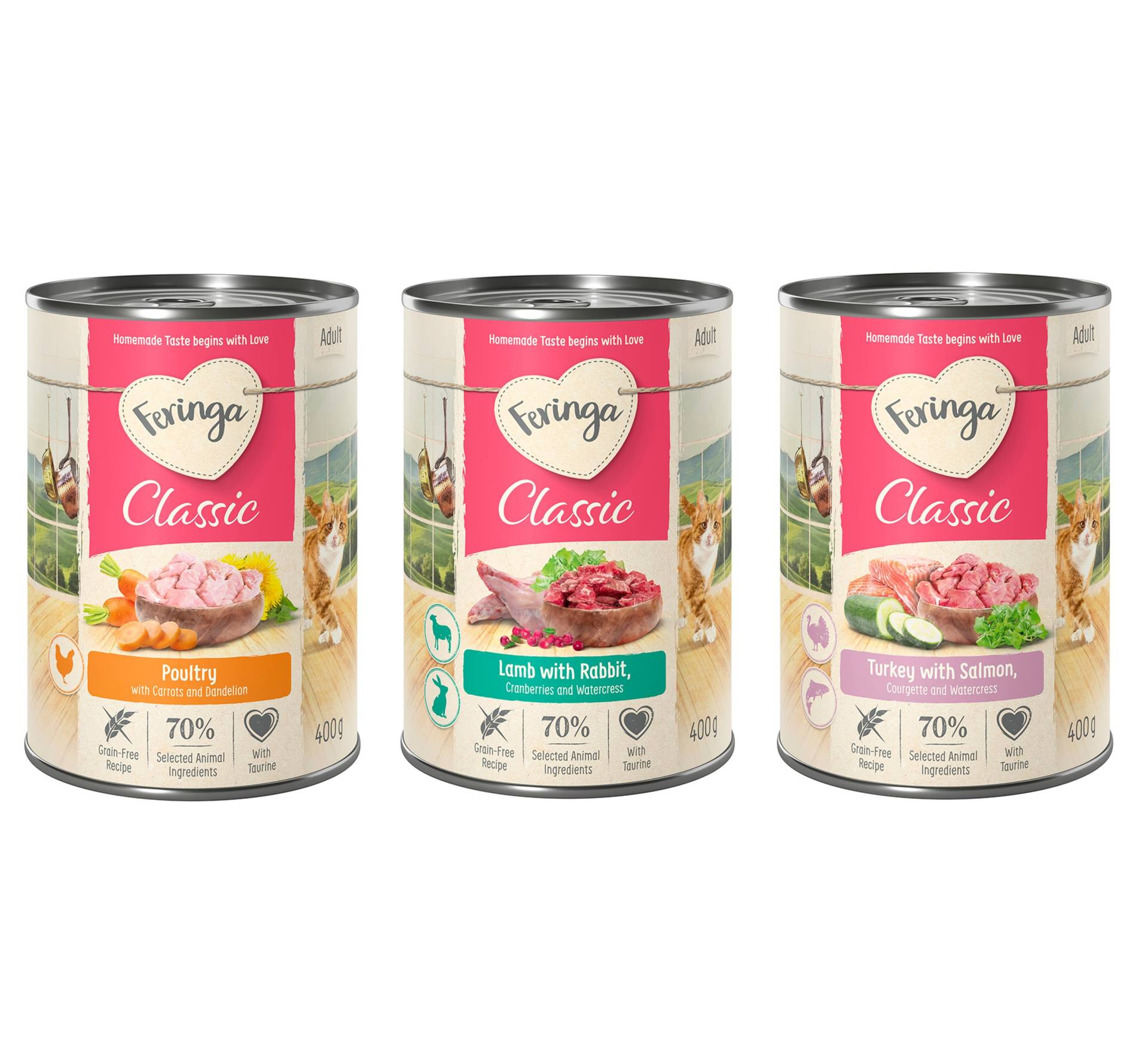 Sparpaket Feringa Classic Meat Menü 12 x 400 g Mixpaket 4 (Geflügel, Lamm & Kaninchen, Lachs & Truthahn) von Feringa