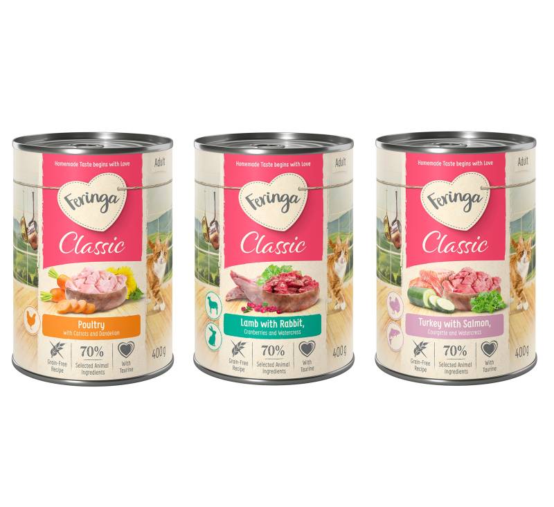 Sparpaket Feringa Classic Meat Menü 24 x 400 g Mixpaket 4 (Geflügel, Lamm & Kaninchen, Lachs & Truthahn) von Feringa