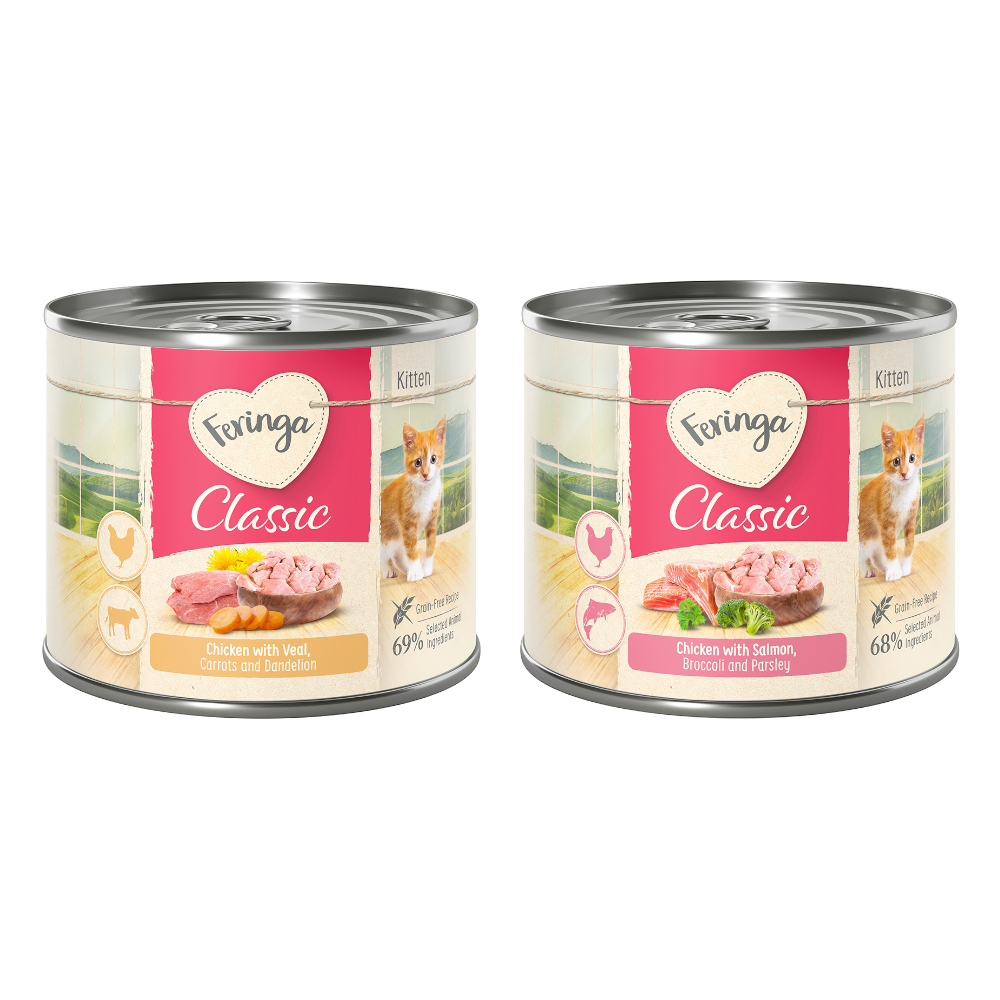 Sparpaket Feringa Classic Meat Menü Kitten 24 x 200 g - Mixpaket 4 (Huhn & Kalb, Lachs & Huhn) von Feringa