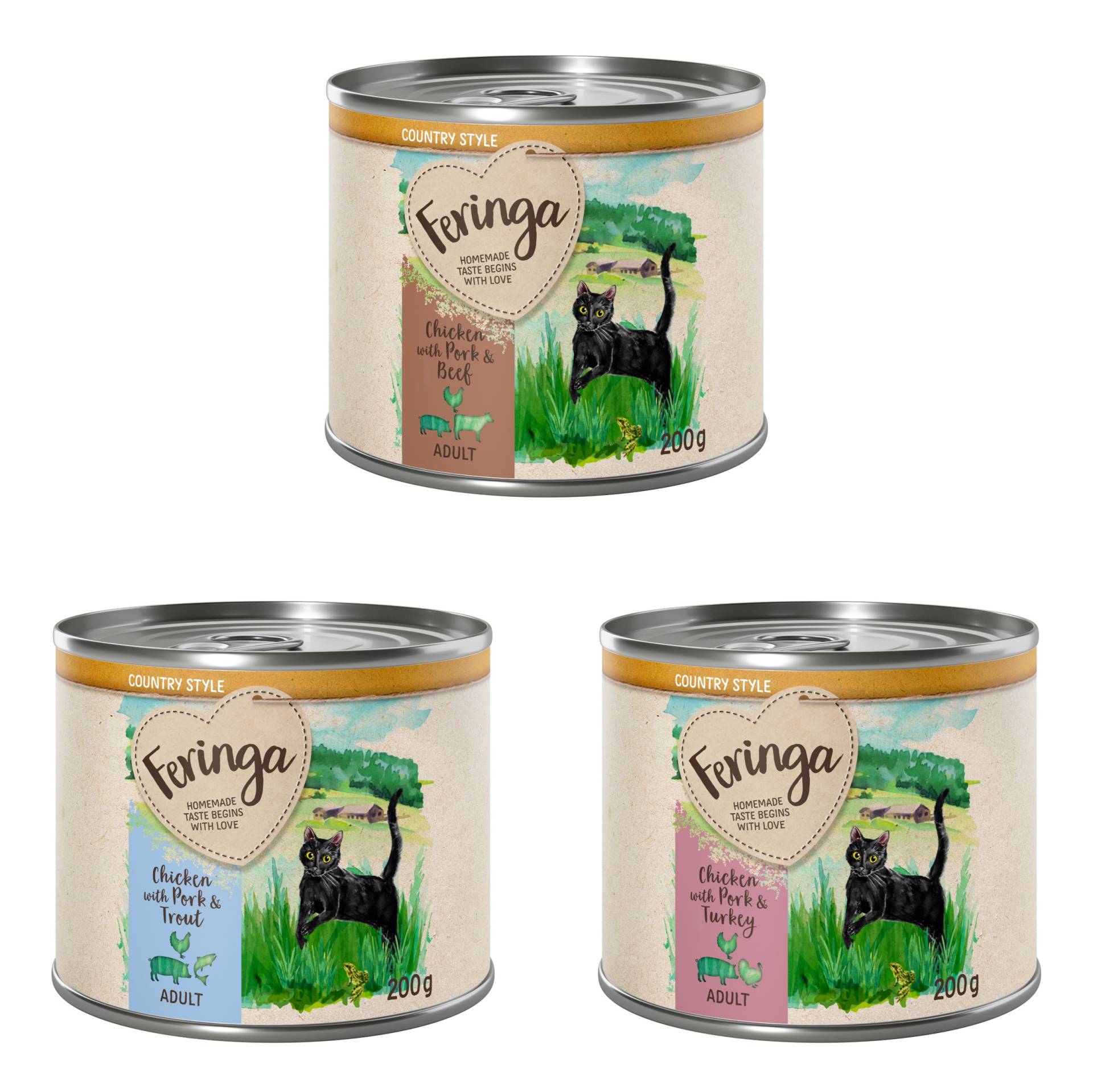 Sparpaket Feringa Country Style Menü 24 x 200 g - Mixpaket 1: Truthahn, Rind, Forelle von Feringa
