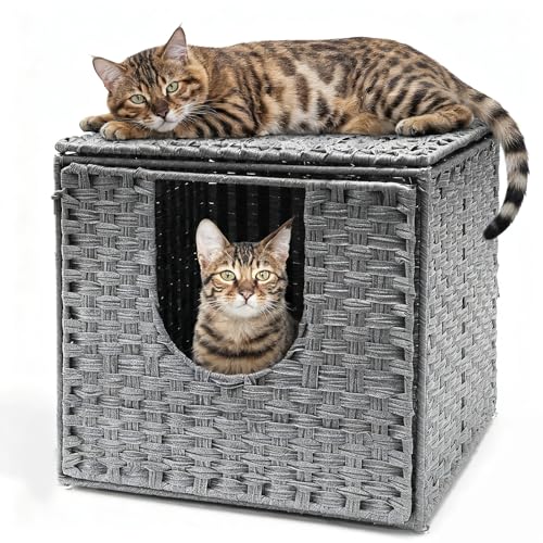 Katzenklo Schrank Katzentoilette, handgeflochtenes Katzenhaus aus Rattanimitat, Geeignet für Katzen und Hunde 50 * 52 * 45 cm,Mit Fußpolster und Katzenstreumatte, Grau von Fernlandia