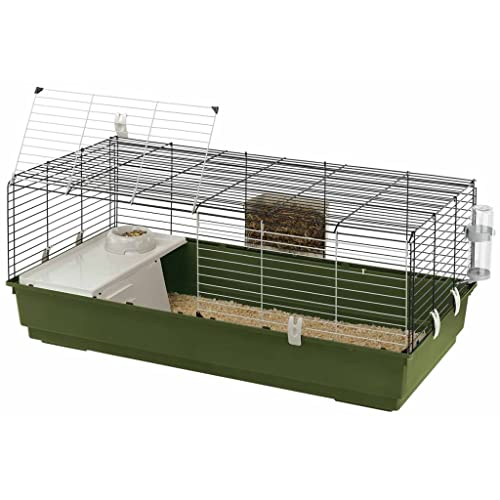 FERPLAST Nagetierkäfig RABBIT 120 für Kaninchen, Meerschweinchen, Meerschweinchen, aus Metall, inklusive Zubehör: Futterkrippe, Trinkflasche, Haus, Schüssel. 118x58,5xh49,5cm von Ferplast