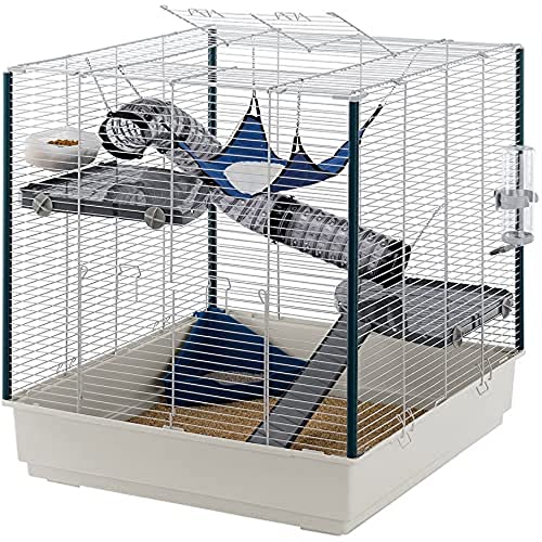 Ferplast Frettchenkäfig Rattenkäfig auf Mehreren Ebenen mit Zubehör, Nagerkäfig verstärkte Kanten, schwarz lackiertes Metall und Kunststoff, 78 x 75 x h 86,5 cm grau von Ferplast