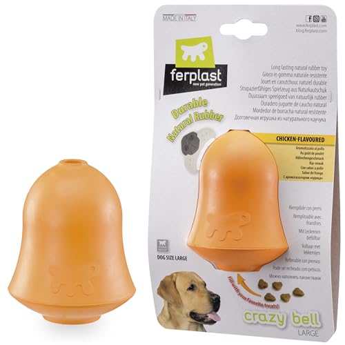 Ferplast Hunde Spielzeug, Futterspender, Trockenfutter oder Hundesnacks, Strapazierfähigem Naturkautschuk, Hühnchengeschmack, Springt, Werfen und Apportieren, Crazy Bell Hundespielzeug, Orange von Ferplast