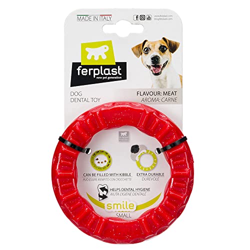 Ferplast Hunde Spielzeug, Futterspender, Trockenfutter oder Leckerli, Ring aus Strapazierfähigem Material, Fleischgeschmack, für die Zahnhygiene, Smile Fitnessring, Hundespielzeug Kleine Hunde, Rot von Ferplast