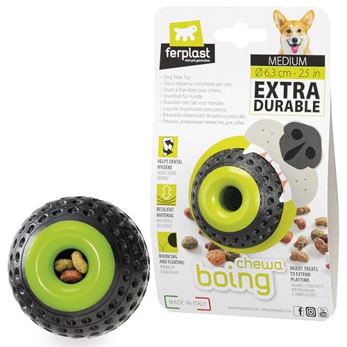 Ferplast Hunde Spielzeug, Futterspender, aus strapazierfähigem, ungiftigem, bissfestem Material, Zahnhygiene des Hundes, Springt und Schwimmt, CHEWA Boing Mittelgroß Futterball für Hunde, Schwarz von Ferplast