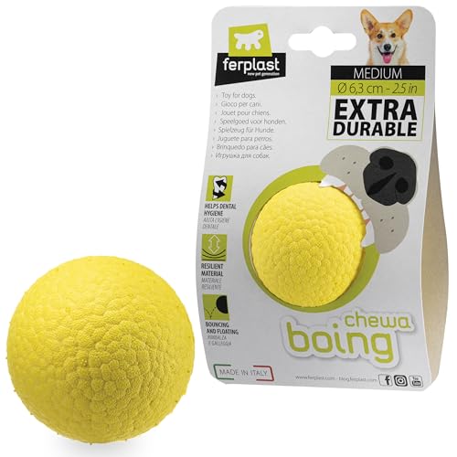 Ferplast Hunde Spielzeug, Hundeball, aus strapazierfähigem, ungiftigem, bissfestem Material, für die Zahnhygiene des Hundes, Springt und Schwimmt, CHEWA Boing Mittelgroße Hundespielzeug Ball, Gelb von Ferplast