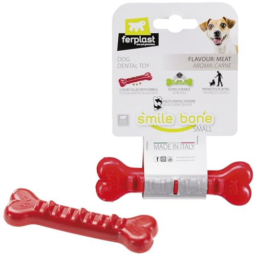 Ferplast Hunde Spielzeug, Knochen Futterspender, Trockenfutter Hund Leckerli, Strapazierfähigem Material, Fleischgeschmack, für die Zahnhygiene, Smile Hundeknochen, Hundespielzeug Kleine Hunde, Rot von Ferplast