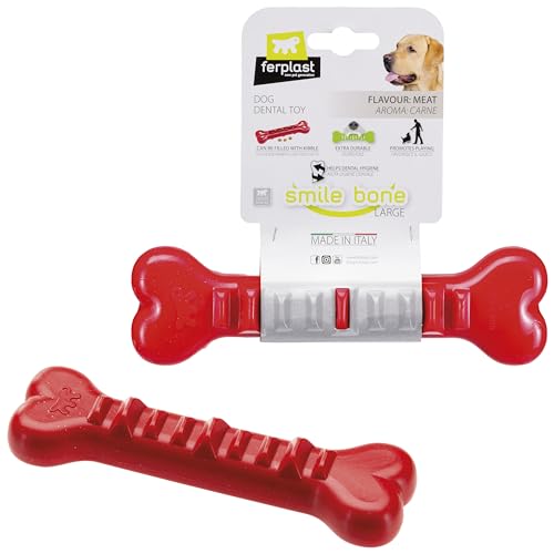 Ferplast Hunde Spielzeug, Knochen Futterspender, Trockenfutter Hund Leckerli, aus Strapazierfähigem Material, Fleischgeschmack, für die Zahnhygiene, Smile Hundeknochen, Hundespielzeug, Rot von Ferplast