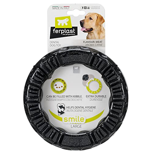 Ferplast Hunde Spielzeug, Futterspender, Trockenfutter oder Leckerli, Ring aus Strapazierfähigem Material, Fleischgeschmack, für die Zahnhygiene, Smile Fitnessring, Hundespielzeug, Schwarz von Ferplast