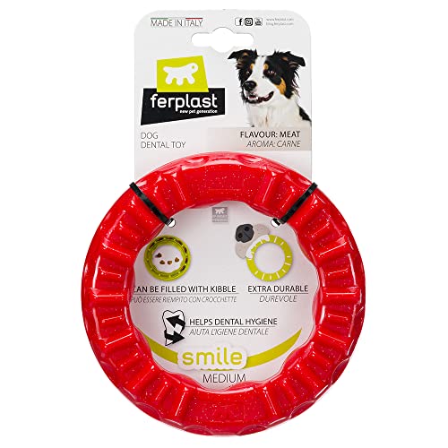 Ferplast Hunde Spielzeug, Futterspender, Trockenfutter oder Leckerli, Ring aus Strapazierfähigem Material, Fleischgeschmack, für die Zahnhygiene, Smile Fitnessring, Mittelgroßes Hundespielzeug, Rot von Ferplast