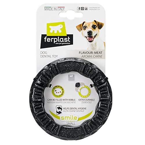 Ferplast Hunde Spielzeug, Futterspender, Trockenfutter oder Leckerli, Ring aus Strapazierfähigem Material, Fleischgeschmack, für die Zahnhygiene, Smile Fitnessring, Hundespielzeug, Schwarz von Ferplast