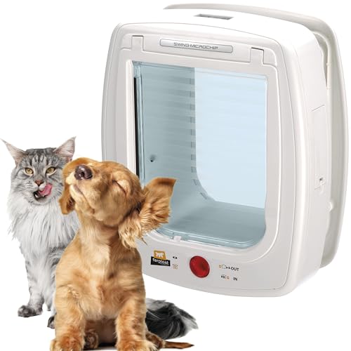 Ferplast Katzenklappe mit chiperkennung, hundeklappe kleine Hunde, 4-Wege Katzentür, mit Schutz vor Zugluft, inkl. Katzenhalsband mit Mikrochip, SWING MICROCHIP Mittel,Mikrochip haustierklappe, Weiß von Ferplast