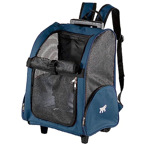 Transportbox für Kleine Hunde und Katzen Trolley mit Rollen, Rucksack für Kleine Hunde Katzen, Teleskopgriff, Taschen für Zubehör, Blau von Ferplast