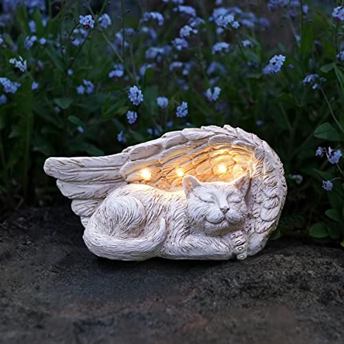 Festive Lights 20cm Gedenkstein mit solarbetriebener LED Beleuchtung Engelsflügel mit Katze Grabdekoration Wetterfest Grabstein Katze Grablicht Solar Gedenkstein Katze Erinnerung Katze Engelsflügel von Festive Lights