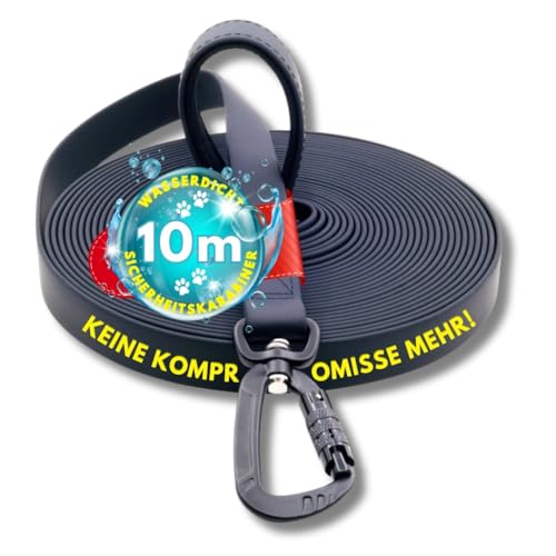 Festland DESIGN® Schleppleine 10m für Hunde – Hundeleine mit Handschlaufe & Sicherheitskarabiner, Laufleine für mittelgroße bis große Hunde, Übungsleine abwaschbar, wasserdichte Trainingsleine schwarz von Festland DESIGN