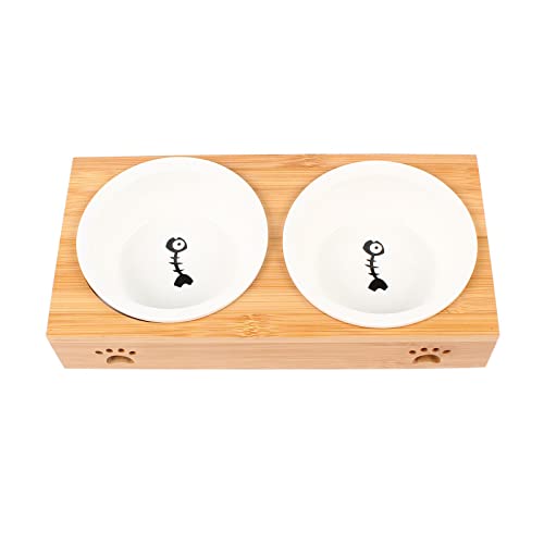 2 Stück Napfständer Bambus Keramikschalen Wasser & Futterspülmaschinenfest ​Napfbar Katzenkleine Hunde von Fetcoi