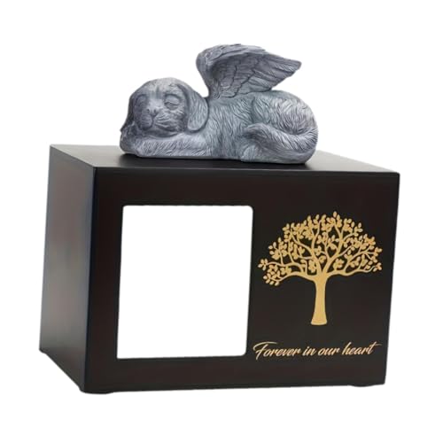 FewNvWa Gedenkgeschenk mit Fotorahmen Und Engelshund Statue, Handgefertigtes Kleintier Urnen Accessoire, Schwarz von FewNvWa