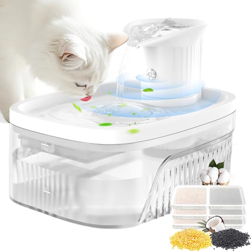 Feycig 2.5L Katzenbrunnen Kabellos Mit Bewegungsmelder - 2200mAh Batteriebetrieb Ultraleiser Katzenbrunnen Trinkbrunnen Wasserspender für Katze Kabellos, BPA-frei, 3 Filter von Feycig
